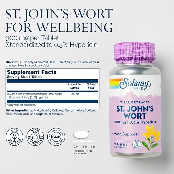 SOLARAY St. Johns Wort Aerial Extract One Daily 900mg, Standardized w/ 0.3% Hypericin for Mood Stability & Brain Health Support, Non-GMO |60 Servings | 60 Tablets