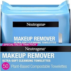 Neutrogena Cleansing Fragrance Free Makeup Remover Face Wipes, Cleansing Facial Towelettes for Waterproof Makeup, Alcohol-Free, Unscented, 100% Plant-Based Fibers, Twin Pack, 2 x 25 ct